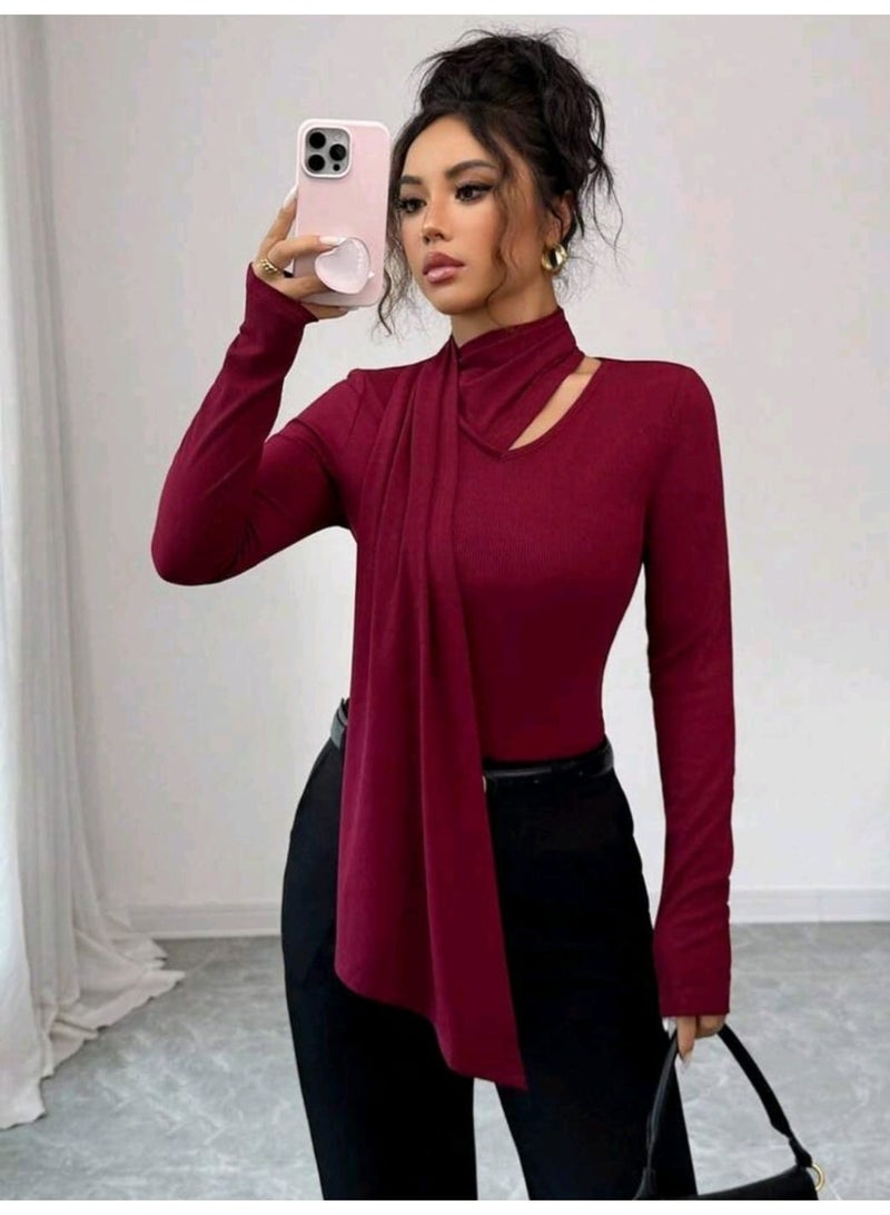 SHEIN Women's Burgundy Ribbed Texture Long Sleeve Fitted Casual BLOUSE Autumn/Winter - Image 4